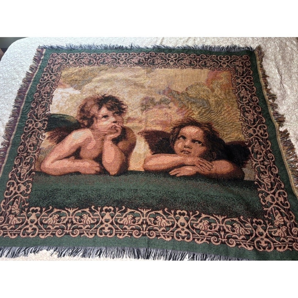 Vintage Raphael Cherub Woven Tapestry Throw Blanket Multicolor Fringed EUC